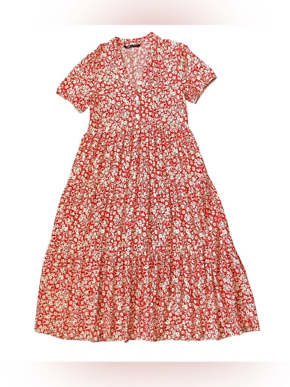 Zara Tiered Midi/Maxi Floral Dress Women’s Medium Red